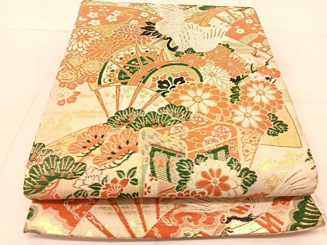 平和屋着物◎全通柄袋帯　唐織　飛鶴吉祥花文　金糸　正絹　逸品　BAAU2479yc