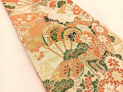 平和屋着物◎全通柄袋帯　唐織　飛鶴吉祥花文　金糸　正絹　逸品　BAAU2479yc