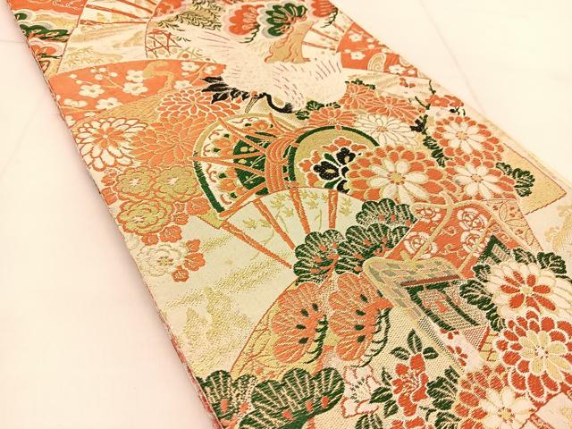 平和屋着物◎全通柄袋帯　唐織　飛鶴吉祥花文　金糸　正絹　逸品　BAAU2479yc