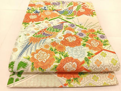 平和屋着物◎六通柄袋帯　唐織　鳳凰花文　銀糸　正絹　逸品　BAAU2480yc