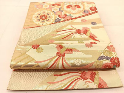 平和屋着物◎六通柄袋帯　唐織　鳳凰花丸文　金糸　正絹　逸品　BAAU2491yc