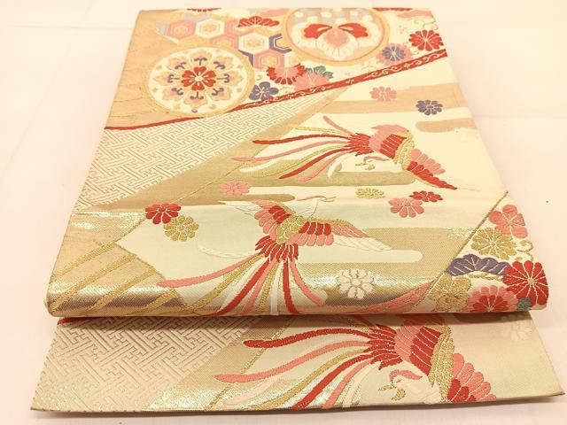 平和屋着物◎六通柄袋帯　唐織　鳳凰花丸文　金糸　正絹　逸品　BAAU2491yc