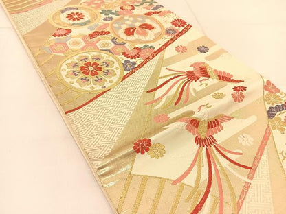 平和屋着物◎六通柄袋帯　唐織　鳳凰花丸文　金糸　正絹　逸品　BAAU2491yc
