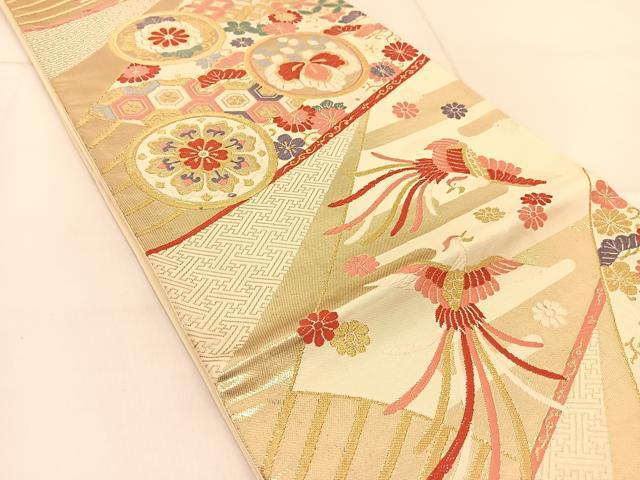 平和屋着物◎六通柄袋帯　唐織　鳳凰花丸文　金糸　正絹　逸品　BAAU2491yc