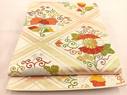 平和屋着物◎六通柄袋帯　唐織　菱天井花文　金糸　正絹　逸品　BAAU2494yc