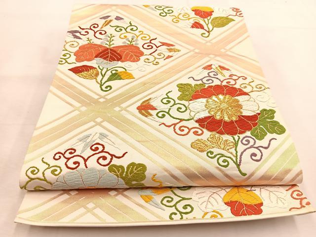 平和屋着物◎六通柄袋帯　唐織　菱天井花文　金糸　正絹　逸品　BAAU2494yc