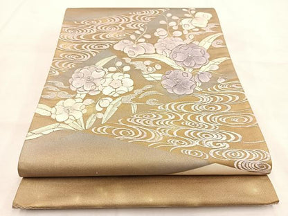 平和屋着物◎西陣　太鼓柄袋帯　刺繍　草花文　銀糸　証紙付き　正絹　逸品　BAAU2520yc