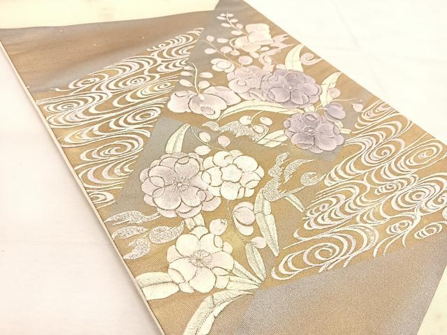 平和屋着物◎西陣　太鼓柄袋帯　刺繍　草花文　銀糸　証紙付き　正絹　逸品　BAAU2520yc