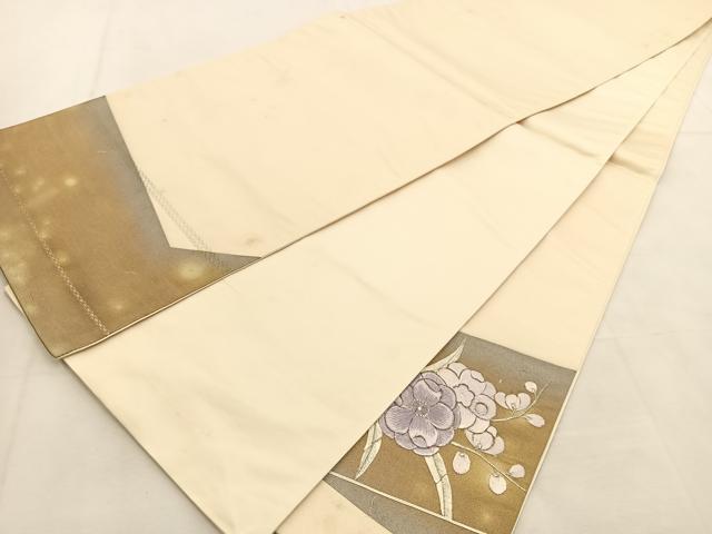 平和屋着物◎西陣　太鼓柄袋帯　刺繍　草花文　銀糸　証紙付き　正絹　逸品　BAAU2520yc