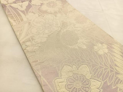 平和屋着物◎六通柄袋帯　ふくれ織　草花文　銀糸　正絹　逸品　BAAU2535yc