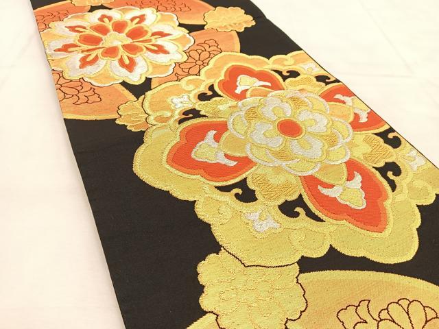 平和屋着物◎六通柄袋帯　正倉院花文　黒地　金銀糸　正絹　逸品　BAAU2572yc
