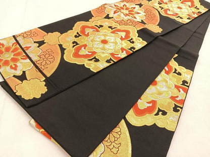 平和屋着物◎六通柄袋帯　正倉院花文　黒地　金銀糸　正絹　逸品　BAAU2572yc