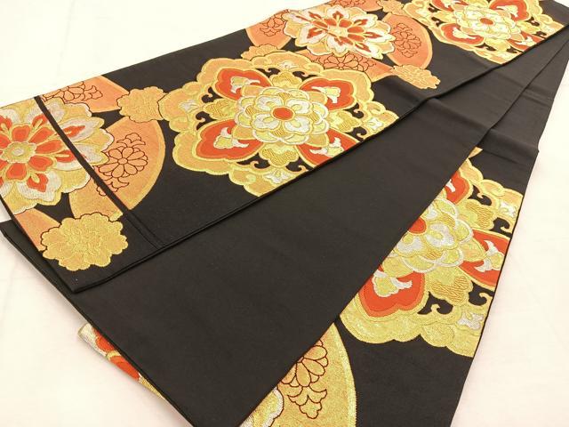 平和屋着物◎六通柄袋帯　正倉院花文　黒地　金銀糸　正絹　逸品　BAAU2572yc
