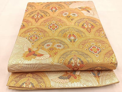 平和屋着物◎六通柄袋帯　飛鶴花蝶青海波　金銀糸　正絹　逸品　BAAU2573yc