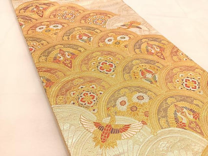 平和屋着物◎六通柄袋帯　飛鶴花蝶青海波　金銀糸　正絹　逸品　BAAU2573yc