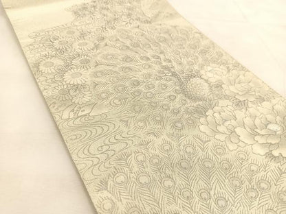 平和屋着物◎太鼓柄袋帯　綴れ　孔雀花文　銀彩　正絹　逸品　BAAU2574yc