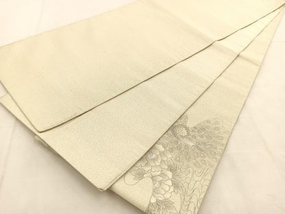 平和屋着物◎太鼓柄袋帯　綴れ　孔雀花文　銀彩　正絹　逸品　BAAU2574yc