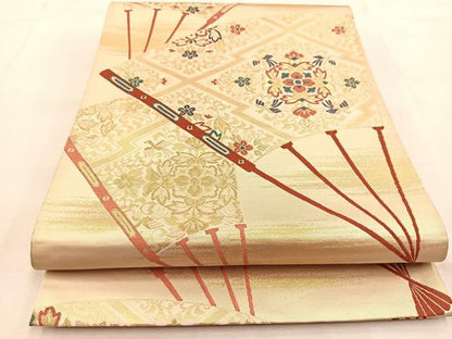 平和屋着物◎六通柄袋帯　唐織　扇面に有職華紋　金糸　正絹　逸品　BAAU2579yc