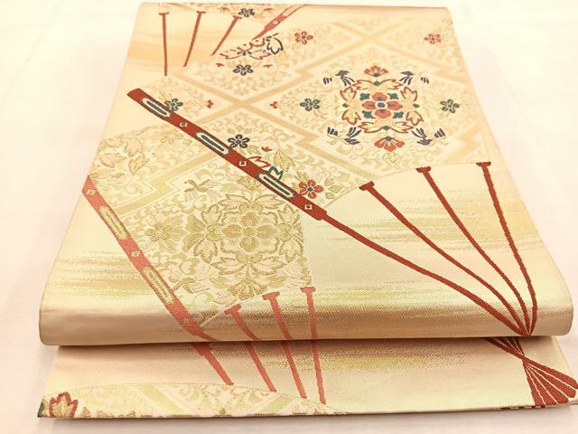 平和屋着物◎六通柄袋帯　唐織　扇面に有職華紋　金糸　正絹　逸品　BAAU2579yc