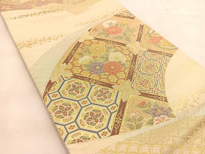 平和屋着物◎六通柄袋帯　扇面花文　金銀糸　正絹　逸品　BAAU2580yc