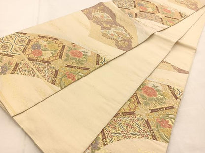 平和屋着物◎六通柄袋帯　扇面花文　金銀糸　正絹　逸品　BAAU2580yc