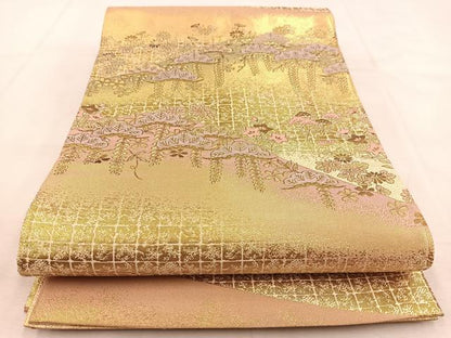 平和屋着物◎佐賀錦　六通柄袋帯　笠松秋草文　金糸　正絹　逸品　BAAU2588yc