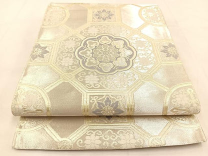 平和屋着物◎六通柄袋帯　正倉院花文　銀糸　正絹　逸品　BAAU2602yc