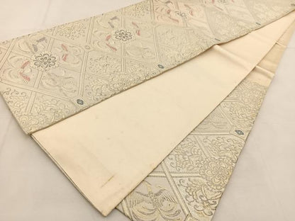 平和屋着物◎六通柄袋帯　唐織　菱天井鳳凰更紗花文　銀糸　正絹　逸品　BAAU2655yc