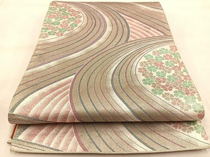 平和屋着物◎六通柄袋帯　桜流し　銀糸　正絹　逸品　BAAU2809yc