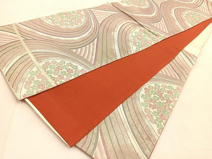 平和屋着物◎六通柄袋帯　桜流し　銀糸　正絹　逸品　BAAU2809yc