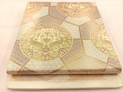 平和屋着物◎六通柄袋帯 向かい鳥花丸文 金銀糸 正絹 逸品 BAAU2814yc