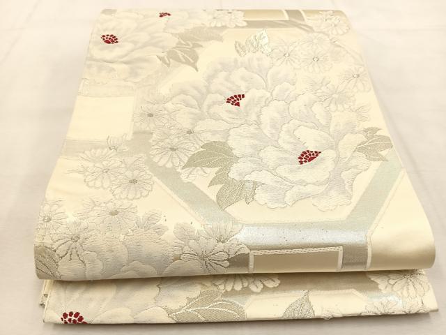 平和屋着物◎六通柄袋帯 唐織 蜀江牡丹菊文 銀糸 正絹 逸品 BAAU2820yc