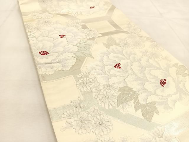 平和屋着物◎六通柄袋帯 唐織 蜀江牡丹菊文 銀糸 正絹 逸品 BAAU2820yc