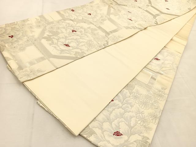 平和屋着物◎六通柄袋帯 唐織 蜀江牡丹菊文 銀糸 正絹 逸品 BAAU2820yc