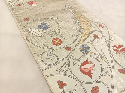 平和屋着物◎六通柄袋帯　孔雀花唐草文　金銀糸　正絹　逸品　BAAU2826yc