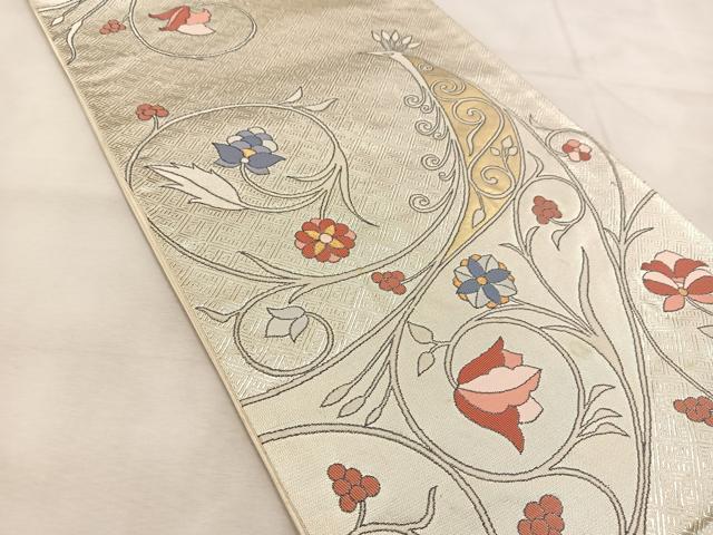 平和屋着物◎六通柄袋帯　孔雀花唐草文　金銀糸　正絹　逸品　BAAU2826yc