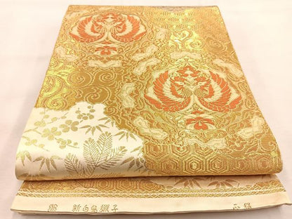平和屋着物◎西陣 服部織物謹製 六通柄袋帯 唐織 向かい鳳凰吉祥花文 白白鳥緞子 金糸 正絹 逸品 BAAU2833yc