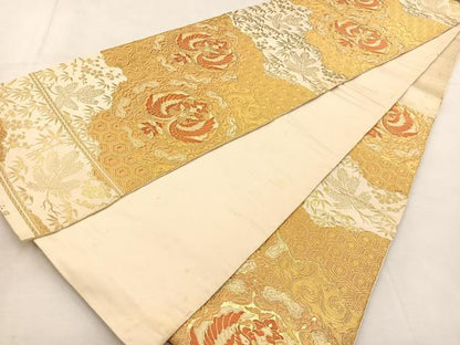 平和屋着物◎西陣 服部織物謹製 六通柄袋帯 唐織 向かい鳳凰吉祥花文 白白鳥緞子 金糸 正絹 逸品 BAAU2833yc