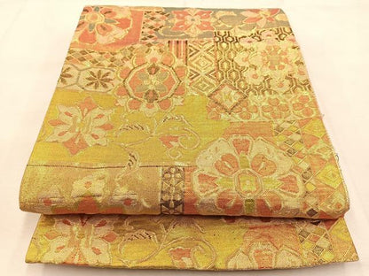 平和屋着物◎佐賀錦 六通柄袋帯 ふくれ織 切嵌吉祥花文 金糸 正絹 逸品 BAAU2834yc