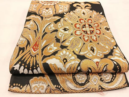 平和屋着物◎六通柄袋帯 唐織 更紗 正倉院花文 黒地 金糸 BAAU2835yc