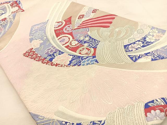 平和屋着物◎六通柄袋帯　唐織　水曲菊熨斗文　銀糸　正絹　逸品　BAAU3016hj