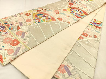 平和屋着物◎六通柄袋帯　唐織　檜扇向かい鳥花文　金銀糸　正絹　逸品　BAAU3047hj