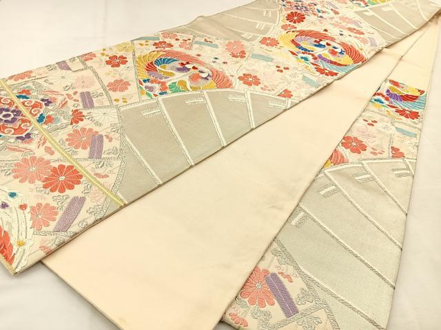 平和屋着物◎六通柄袋帯　唐織　檜扇向かい鳥花文　金銀糸　正絹　逸品　BAAU3047hj