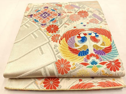 平和屋着物◎六通柄袋帯　唐織　檜扇向かい鳥花文　金銀糸　正絹　逸品　BAAU3047hj