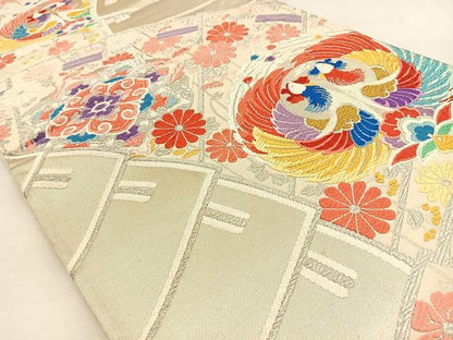 平和屋着物◎六通柄袋帯　唐織　檜扇向かい鳥花文　金銀糸　正絹　逸品　BAAU3047hj