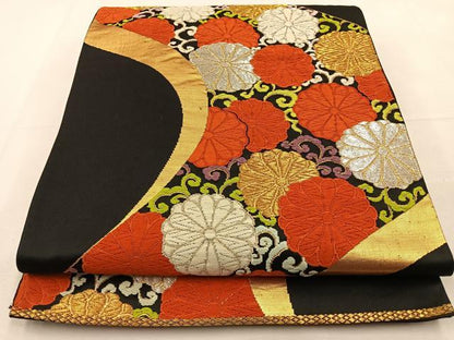 平和屋着物◎六通柄袋帯　唐織　菊唐草文　黒地　金銀糸　正絹　逸品　BAAU3053hj