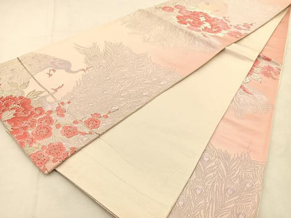 平和屋着物◎六通柄袋帯　唐織　孔雀花文　銀糸　正絹　逸品　BAAU3057hj