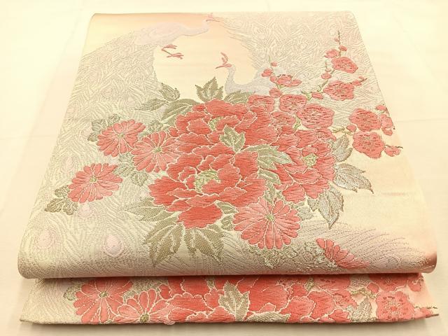 平和屋着物◎六通柄袋帯　唐織　孔雀花文　銀糸　正絹　逸品　BAAU3057hj