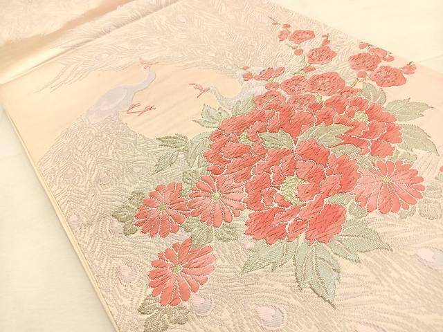 平和屋着物◎六通柄袋帯　唐織　孔雀花文　銀糸　正絹　逸品　BAAU3057hj