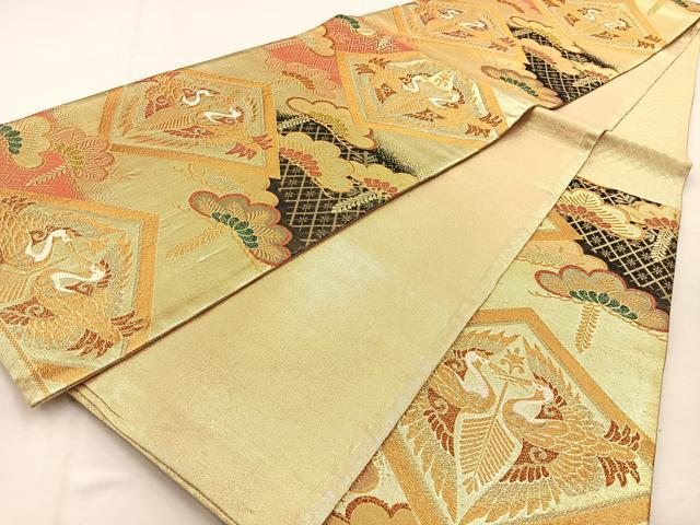 平和屋着物◎六通柄袋帯　唐織　双鶴松文　金糸　正絹　逸品　BAAU3061hj